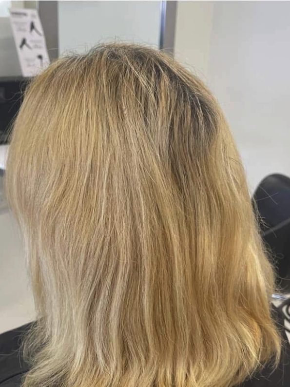 Before: a client’s shoulder-length hair with brassy blonde lengths and dark regrowth, seen from behind